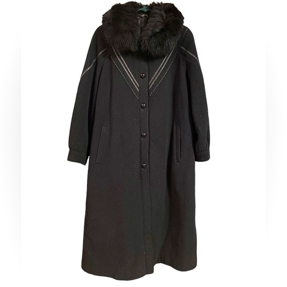 Vintage 70s 80s Fur Wool Pea Trench Coat Long Leather Inserts Button Down Warm - Picture 2 of 16
